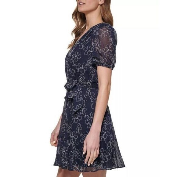 DKNY DD2F3346 Women's Sz 6 Black Embroidered Faux-Wrap Sheer-Sleeve Dress $139+ - Picture 16 of 16